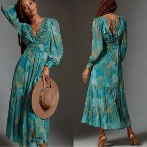 Anthropologie The Odetta Ruffled V-Neck‎ Maxi LS flowy Dress Teal blue print M